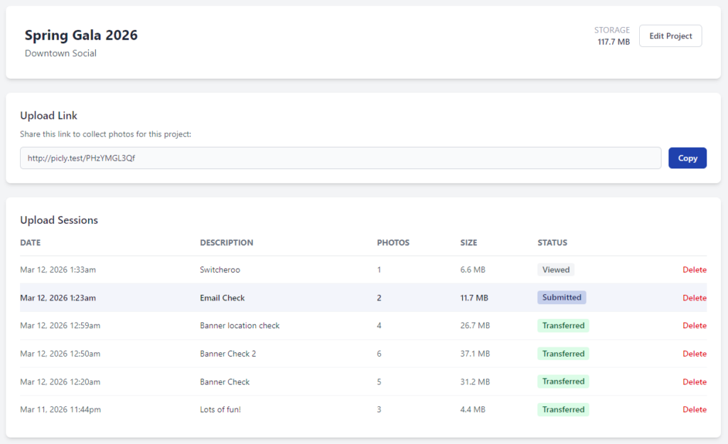 Picly project dashboard showing a list of upload sessions with unviewed sessions highlighted in blue, so social media managers know exactly what's new.