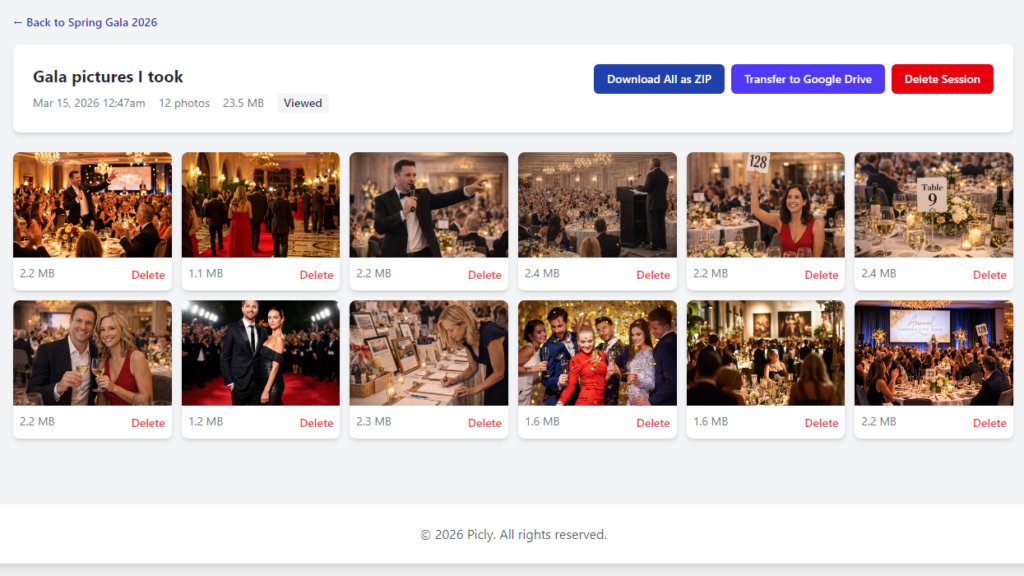 A Picly session view showing photo thumbnail previews with options to download individual photos, ZIP the entire session, or transfer to Google Drive.